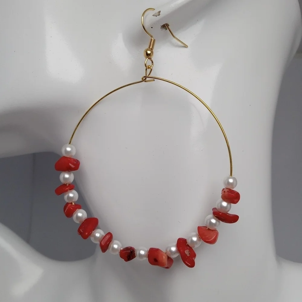 Vibrant Red Coral and Faux Pearl Beaded Hoop Earrings